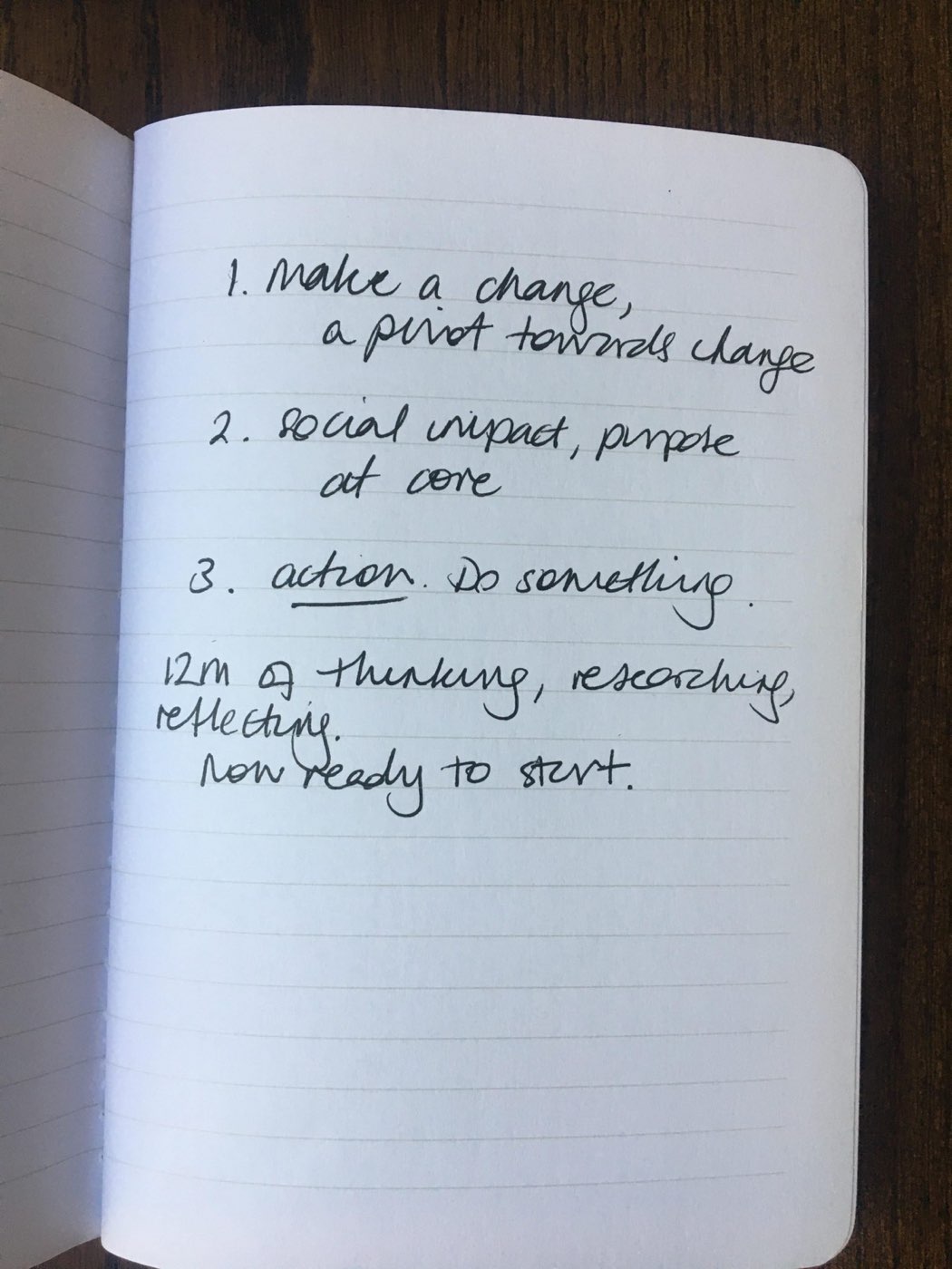 Notebook plan listing change, social support and action as the next steps after twelve months of thinking and research.