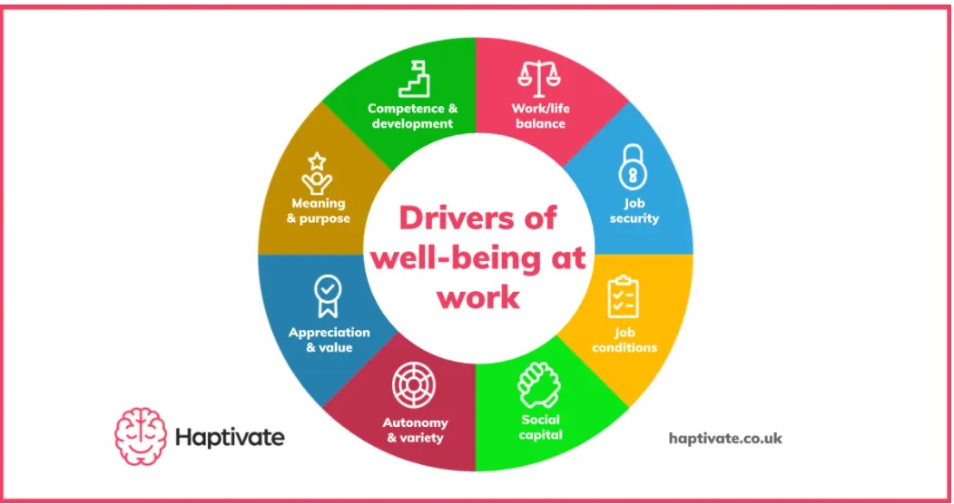 Eight drivers of wellbeing at work: work-life balance, job security, job conditions, social capital, autonomy and variety, appreciation and value, meaning and purpose, and competence and development.
